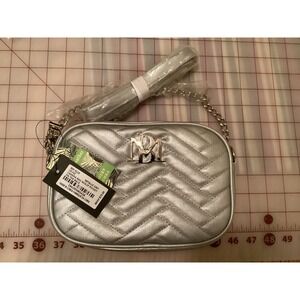 BM Quilted Crossbody Bag Metallic Silver Chain Strap‎ Mini Shoulder Purse